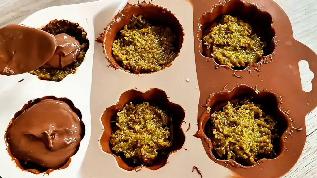 Dubai Chocolate Recipe with pistachio and kadaif filling covered with milk chocolate in a mold