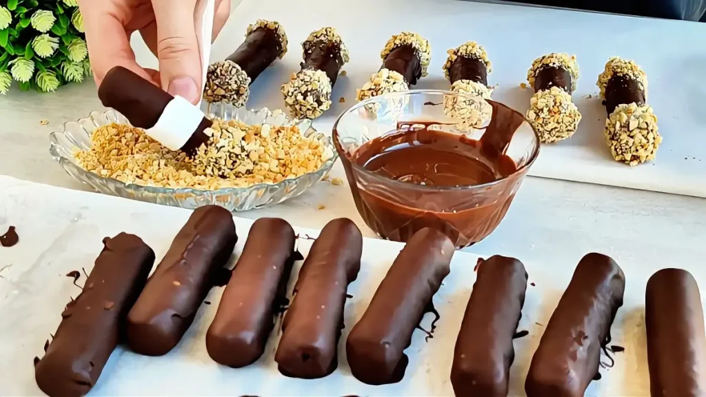 Sugar-free chocolate prune rollers topped with chocolate drizzle and chopped peanuts on parchment