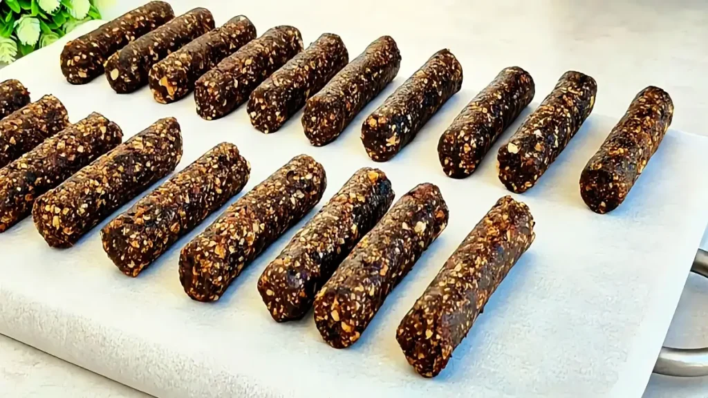 Hand-rolled prune and peanut logs being dipped into dark chocolate coating during preparation