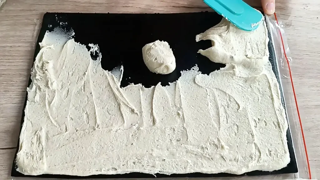 Spreading white cream over Oreo biscuit dough