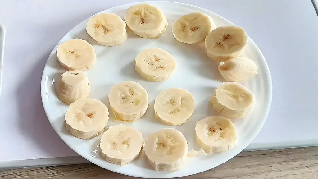 Banana slices on a plate ready to be frozen