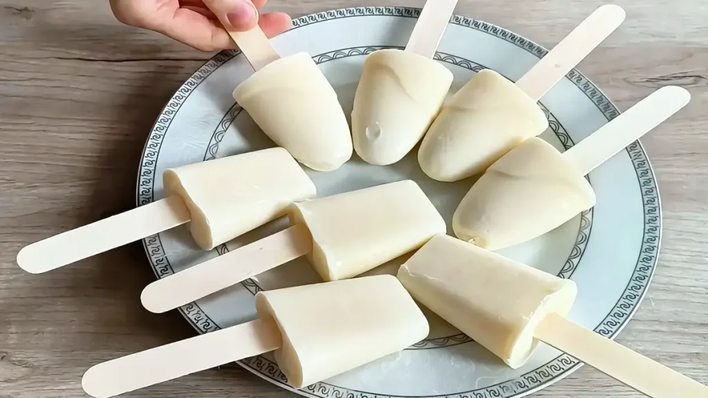 Frozen white milk popsicles arranged on a plate before dipping
